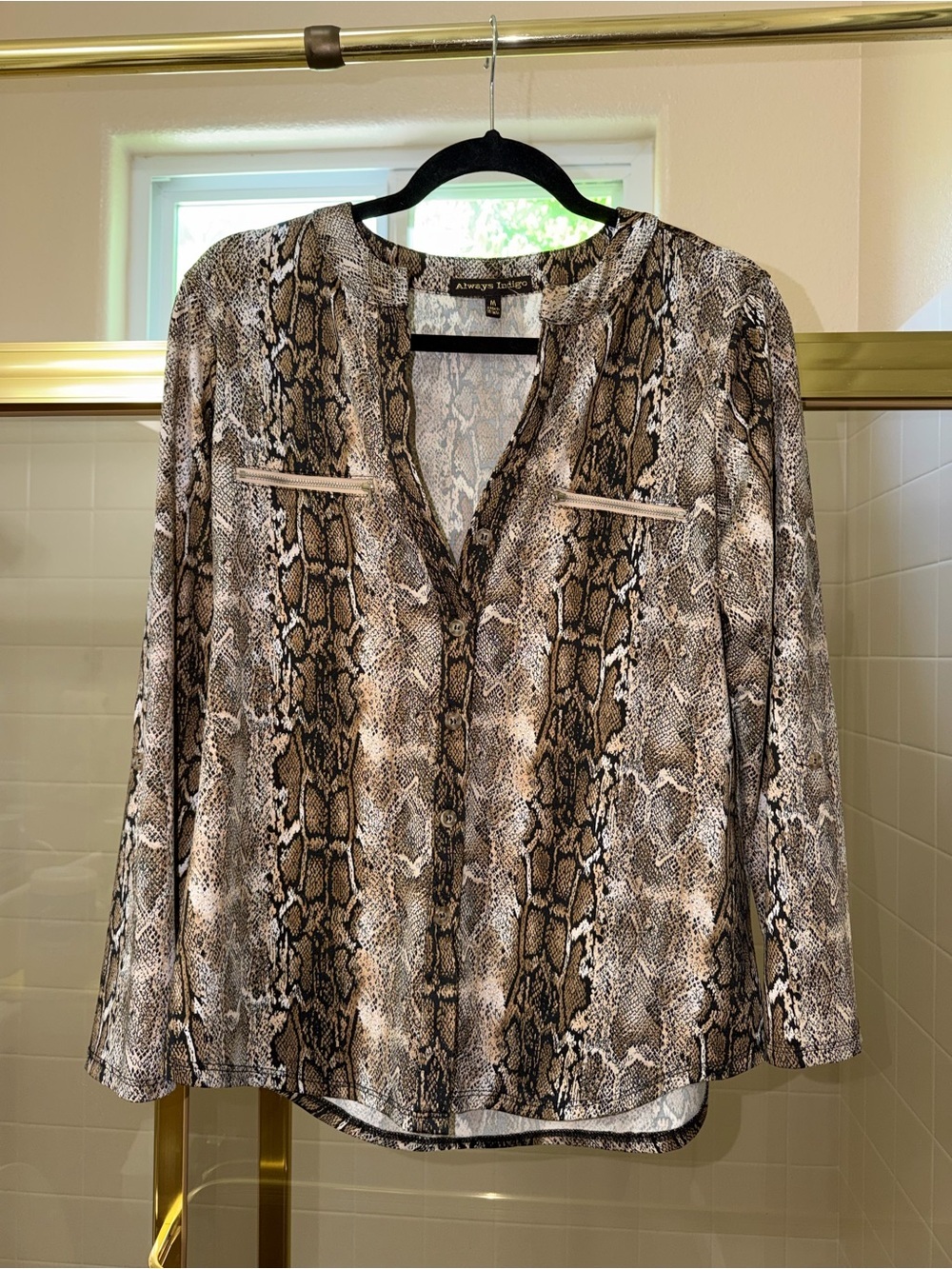 Always Indigo Snake Print V-Neck Blouse in Brown/Beige